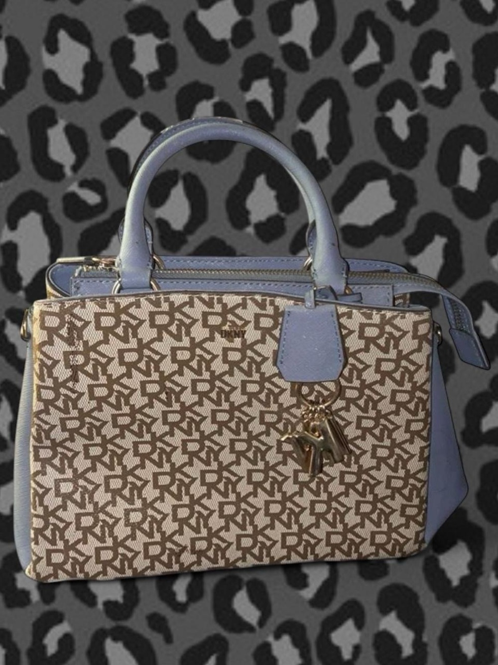 DKNY Blue Trim Brown Monogram Satchel with Charm